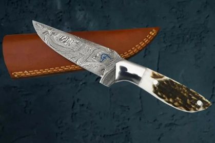 Rocky Damascus Steel Outdoor Knife with Genuine Antler Handle