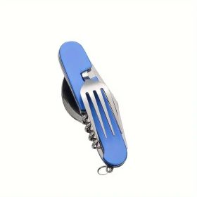 6-in-1 Stainless Steel Camping Cutlery Tool for Preparedness (Color: Blue)